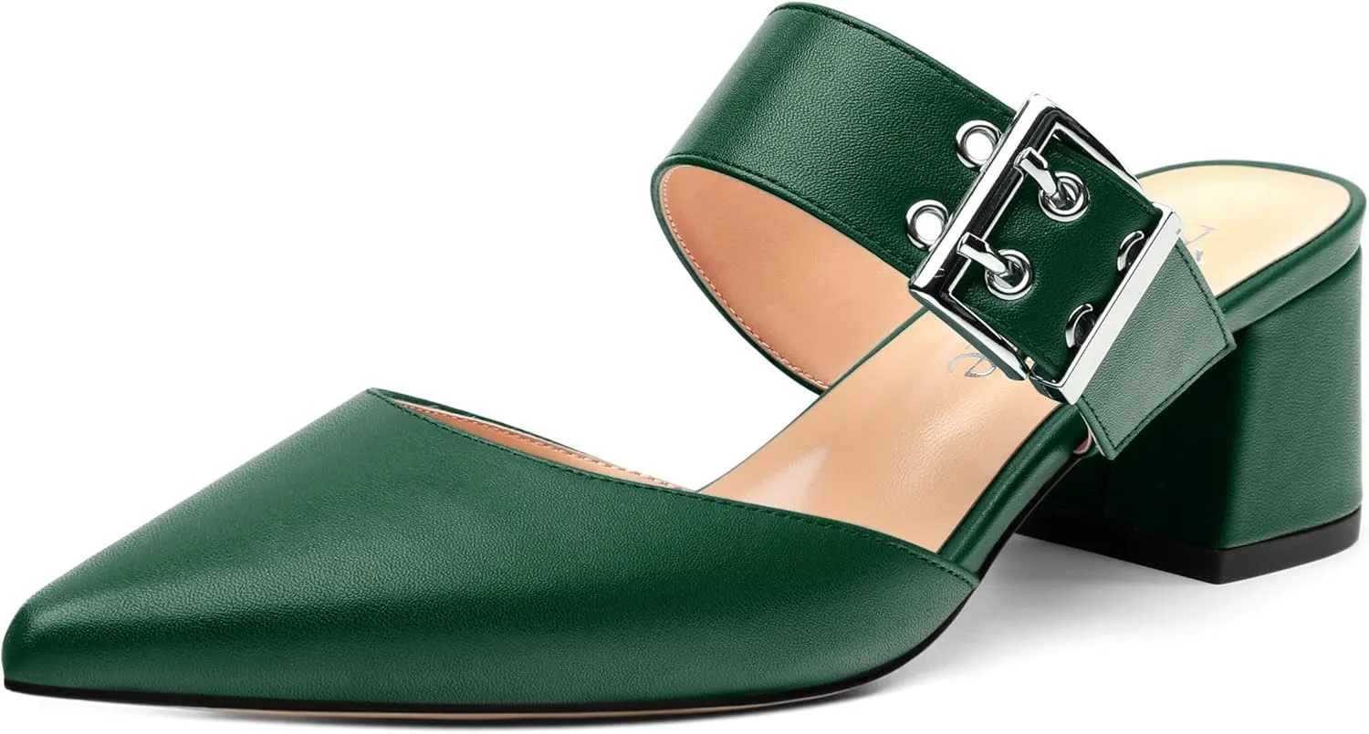 Women's Mules Buckle Adjustable Strap Pointed Toe Comfort Casual Matte Chunky Low Heel Pumps Slide Sandals 2 Inch