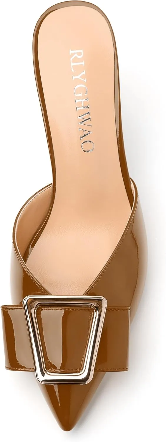 Women's Mules, Pointed Toe Mid Heel Sandals, Fashion Decorative Buckle Heeled Sandal for Women