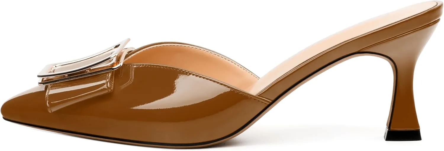 Women's Mules, Pointed Toe Mid Heel Sandals, Fashion Decorative Buckle Heeled Sandal for Women
