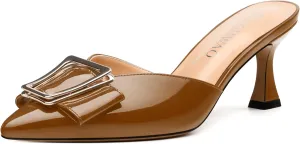 Women's Mules, Pointed Toe Mid Heel Sandals, Fashion Decorative Buckle Heeled Sandal for Women