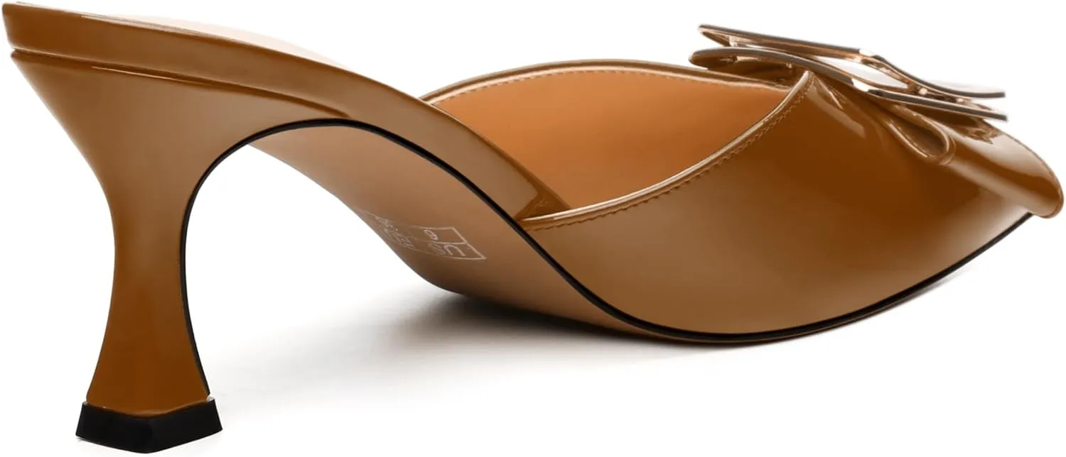 Women's Mules, Pointed Toe Mid Heel Sandals, Fashion Decorative Buckle Heeled Sandal for Women