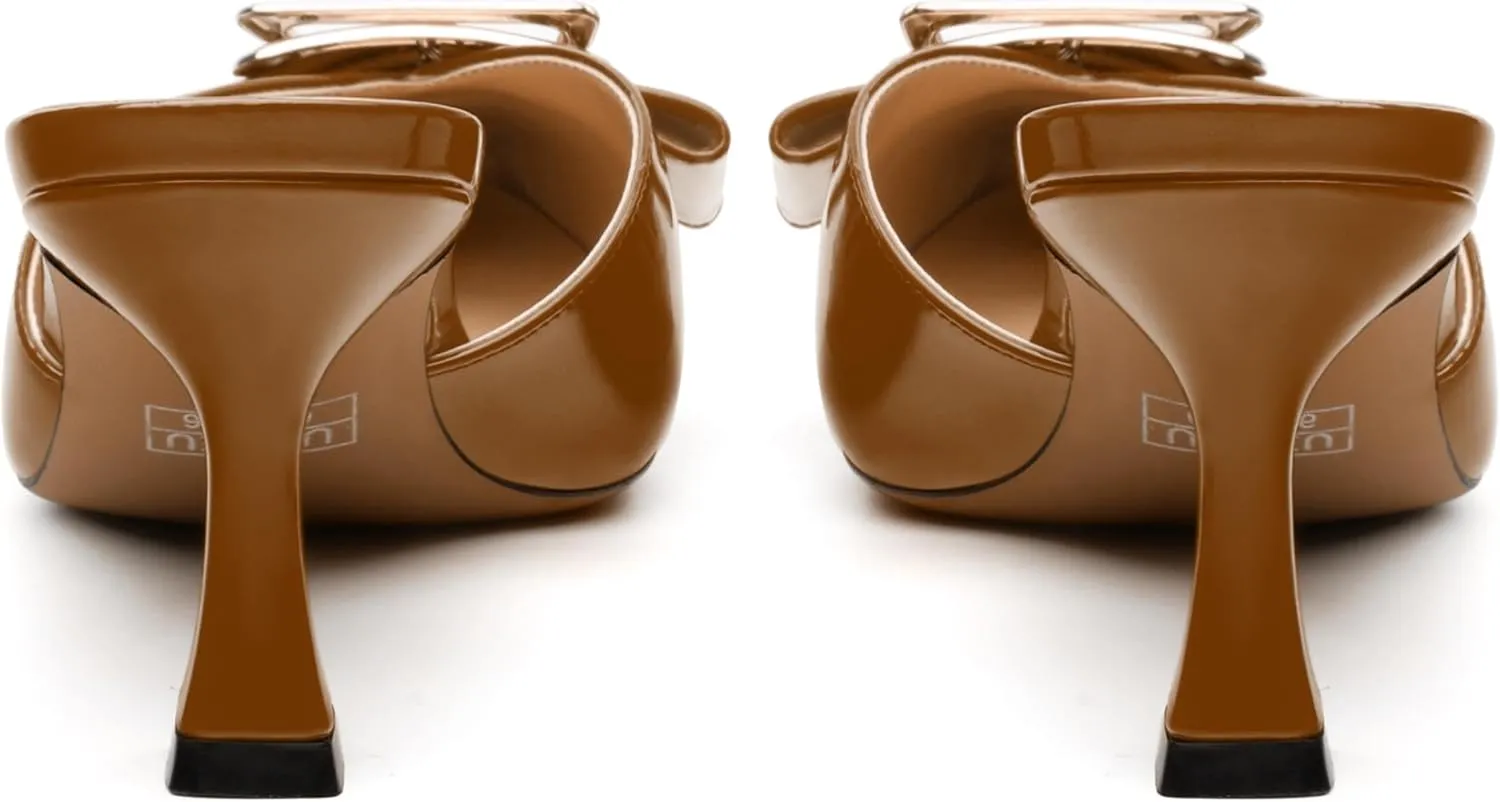 Women's Mules, Pointed Toe Mid Heel Sandals, Fashion Decorative Buckle Heeled Sandal for Women