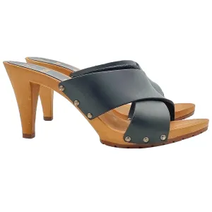 Women's mules with crossed bands in leather and heel 9 - Made in Italy - MY362 NERO (8 US, BLACK)