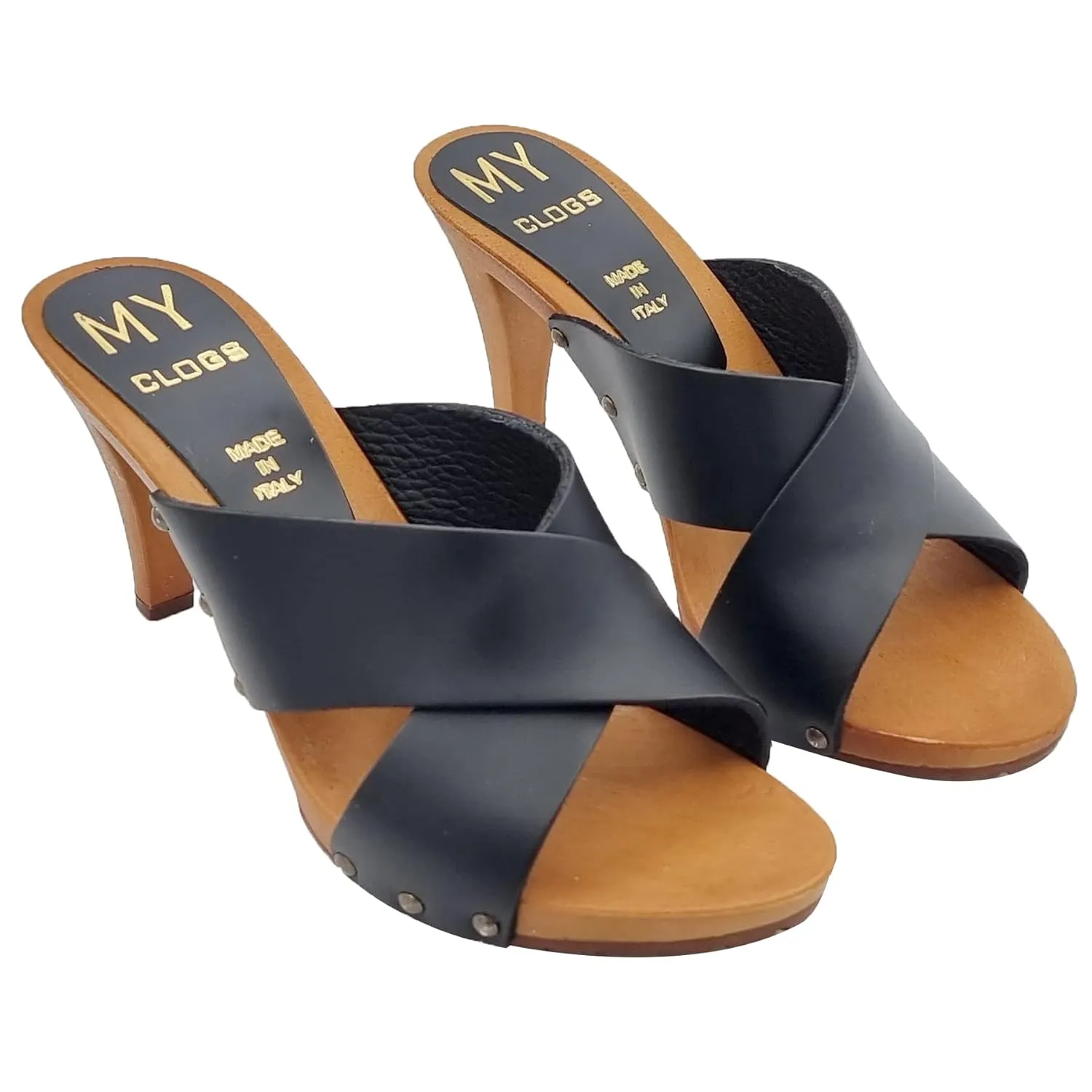 Women's mules with crossed bands in leather and heel 9 - Made in Italy - MY362 NERO (8 US, BLACK)