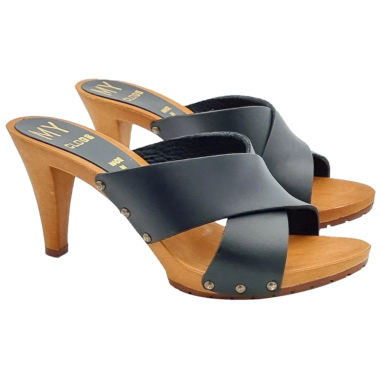 Women's mules with crossed bands in leather and heel 9 - Made in Italy - MY362 NERO (8 US, BLACK)