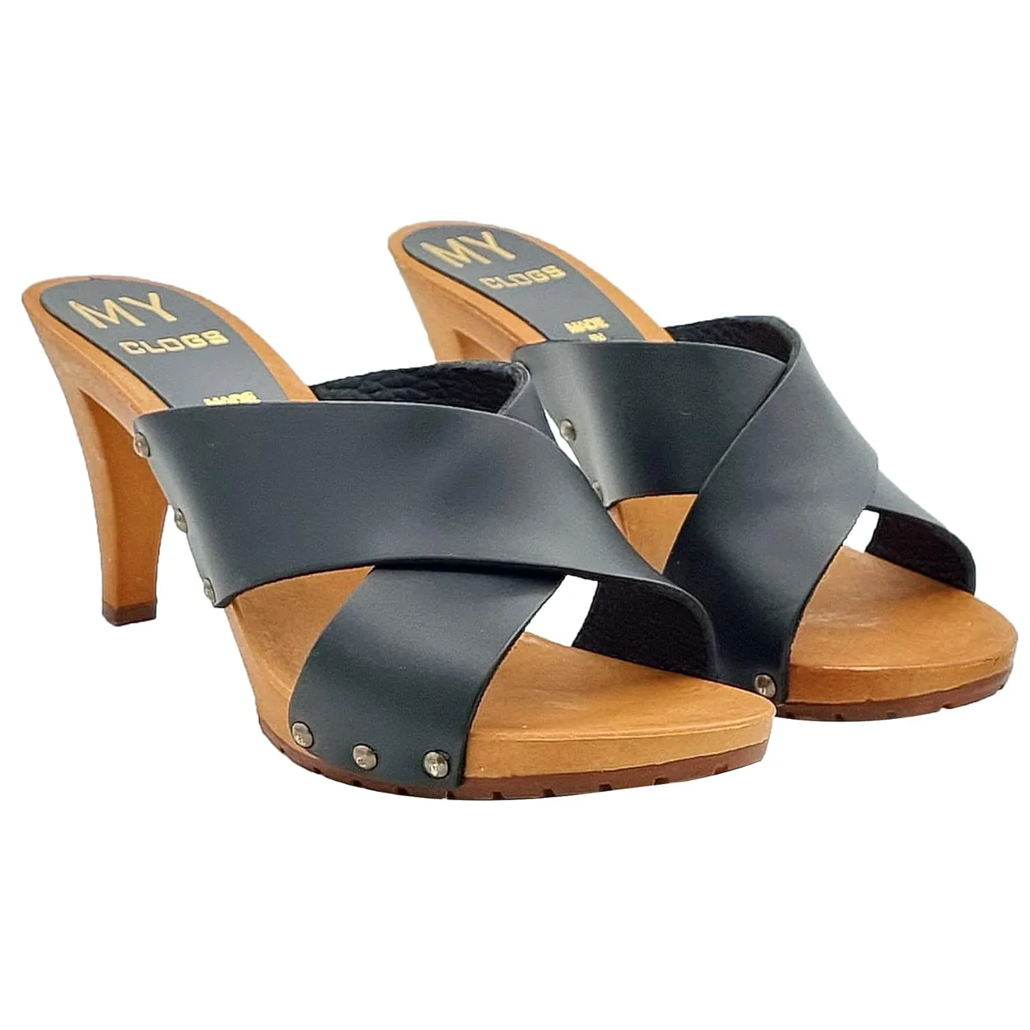 Women's mules with crossed bands in leather and heel 9 - Made in Italy - MY362 NERO (8 US, BLACK)