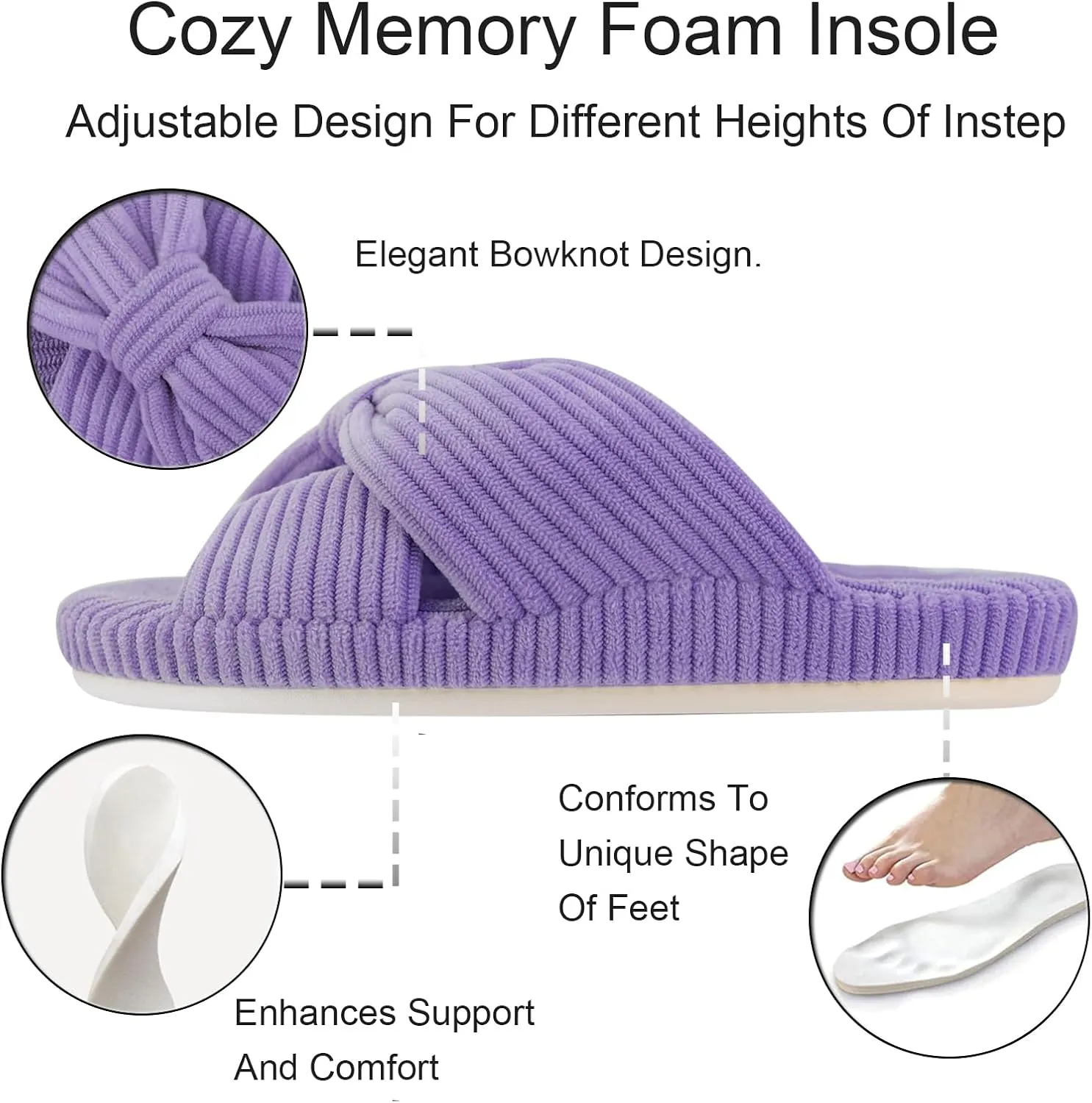 Women's Orthopedic Arch Support Open Toe House Slippers for Plantar Fasciitis Ladies Cozy Memory Foam Bedroom Gift Slippers Fluffy Corduroy Bow Crossband Slide