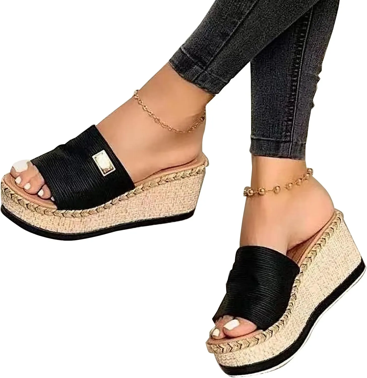 Women's Platform Wedge Sandals Comfort Round Open Toe Mules Classic Backless Slip On Slippers Summer Casual Slides for Women