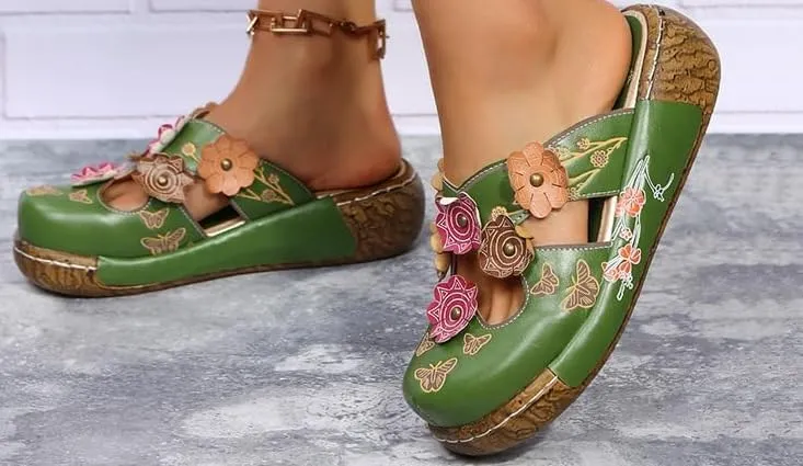 Women's Retro Wedge Slides,Embroidered Tribal Mules with Comfort Platform Sole,Floral Tribal Platform Mules, Closed Toe Summer Slides