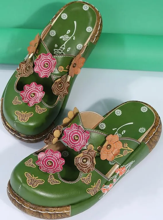 Women's Retro Wedge Slides,Embroidered Tribal Mules with Comfort Platform Sole,Floral Tribal Platform Mules, Closed Toe Summer Slides