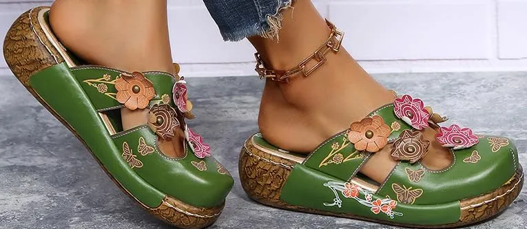 Women's Retro Wedge Slides,Embroidered Tribal Mules with Comfort Platform Sole,Floral Tribal Platform Mules, Closed Toe Summer Slides