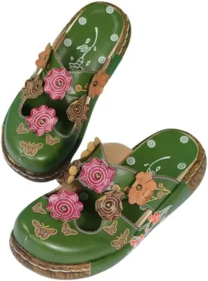 Women's Retro Wedge Slides,Embroidered Tribal Mules with Comfort Platform Sole,Floral Tribal Platform Mules, Closed Toe Summer Slides