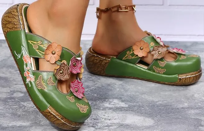 Women's Retro Wedge Slides,Embroidered Tribal Mules with Comfort Platform Sole,Floral Tribal Platform Mules, Closed Toe Summer Slides