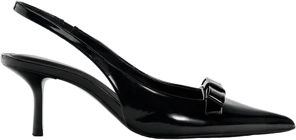 Women's Slingback High Heels Mules Faux Patent Leather Pump Bow Detail Buckle Closure Thin Heel Pointed Toe Wedding Party Office Dance Dress Shoes