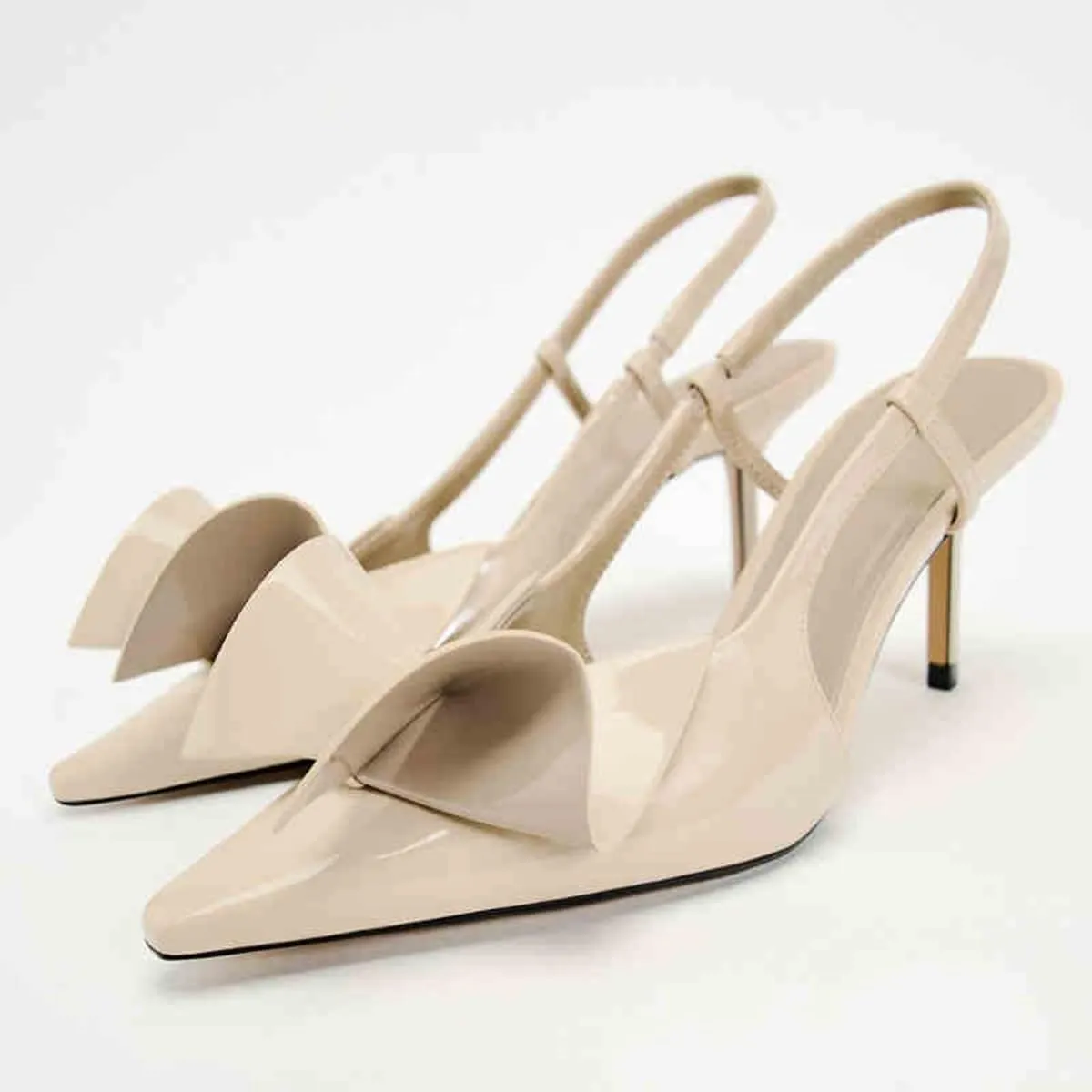 Women's Slingback High Heels Mules Faux Patent Leather Pump Bow Detail Buckle Closure Thin Heel Pointed Toe Wedding Party Office Dance Dress Shoes