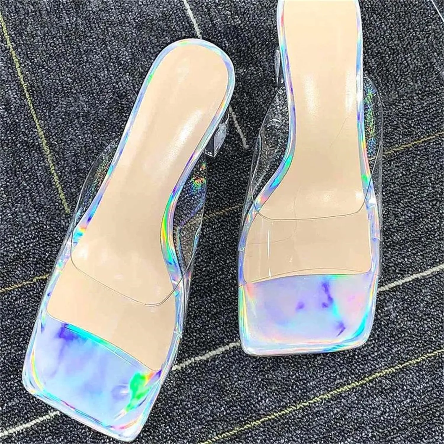 Women's Square Toe Holographic Transparent Mules - Chunky Heels PVC Plus Size Slip On