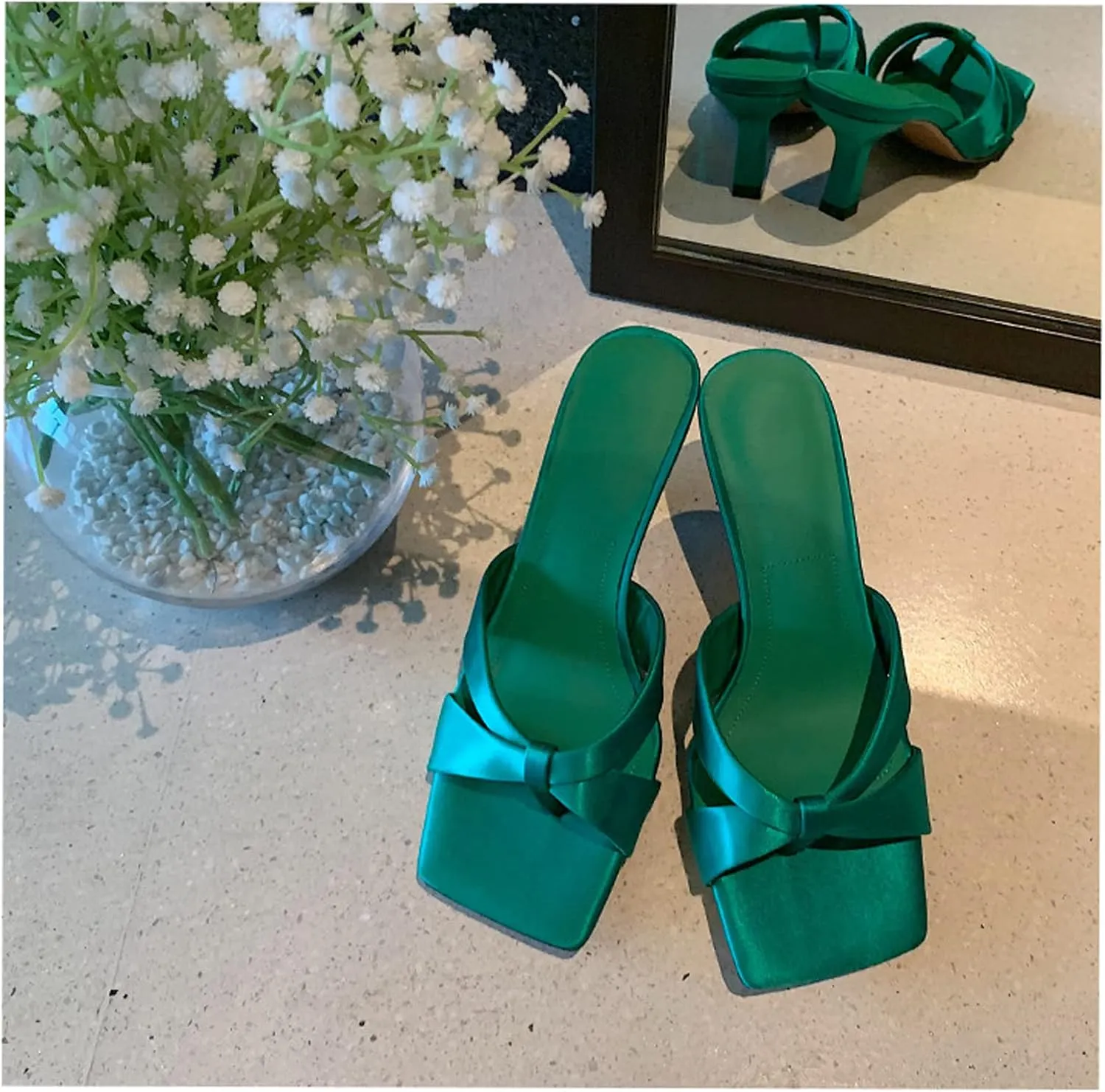 Women's Square Toe Slip On Open Toe Heeled Sandal,with Arch Support Summer Fashion Criss Cross Satin Cloth Sexy Stiletto Heel Dress Pumps Sandals Slippers