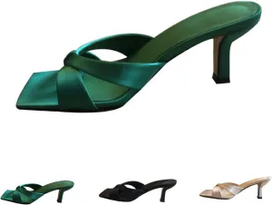 Women's Square Toe Slip On Open Toe Heeled Sandal,with Arch Support Summer Fashion Criss Cross Satin Cloth Sexy Stiletto Heel Dress Pumps Sandals Slippers