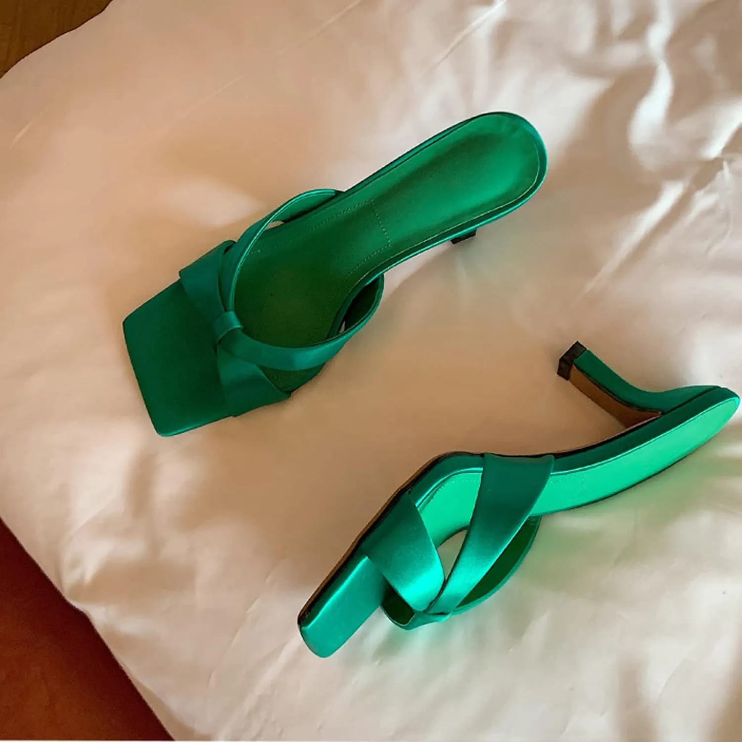 Women's Square Toe Slip On Open Toe Heeled Sandal,with Arch Support Summer Fashion Criss Cross Satin Cloth Sexy Stiletto Heel Dress Pumps Sandals Slippers