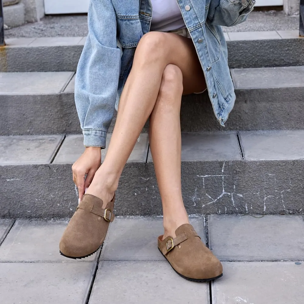 Women's Suede Clogs Leather Mules Comfort Cork Footbed Sandals Potato Shoes with Arch Support