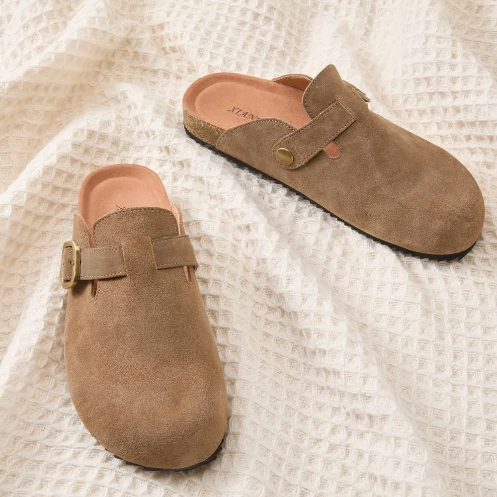 Women's Suede Clogs Leather Mules Comfort Cork Footbed Sandals Potato Shoes with Arch Support