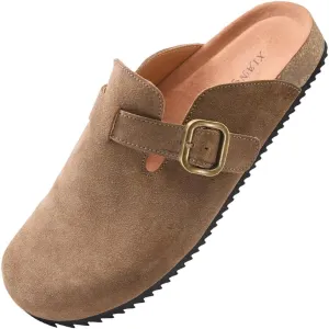 Women's Suede Clogs Leather Mules Comfort Cork Footbed Sandals Potato Shoes with Arch Support
