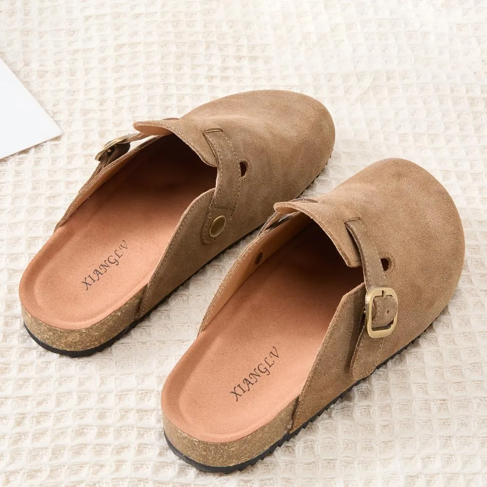 Women's Suede Clogs Leather Mules Comfort Cork Footbed Sandals Potato Shoes with Arch Support