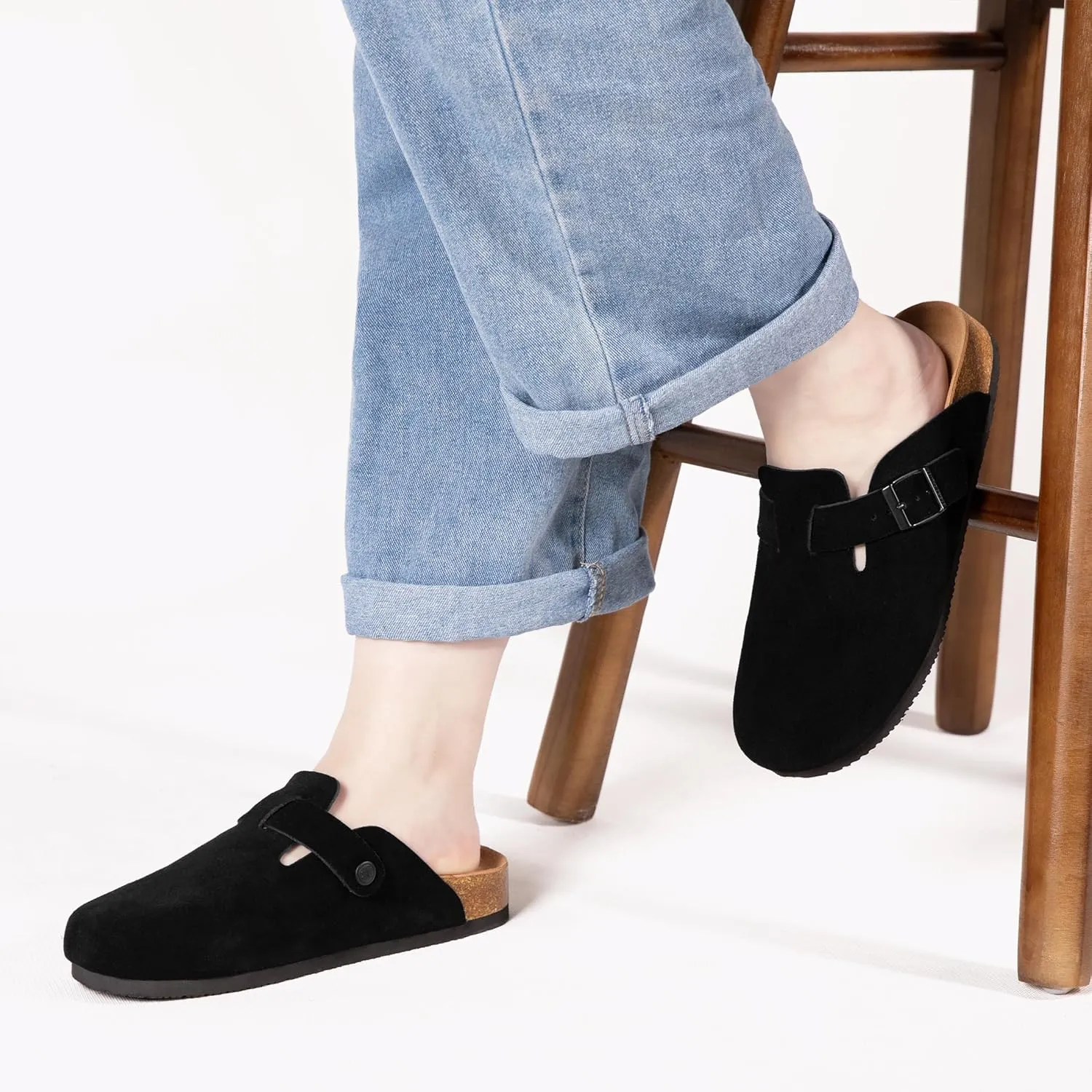 Women's Suede Clogs Men's Slip-On Mules Non-Slip Potato Shoes Arch Support Sandals with Adjustable Buckle for Indoor & Outdoor Use