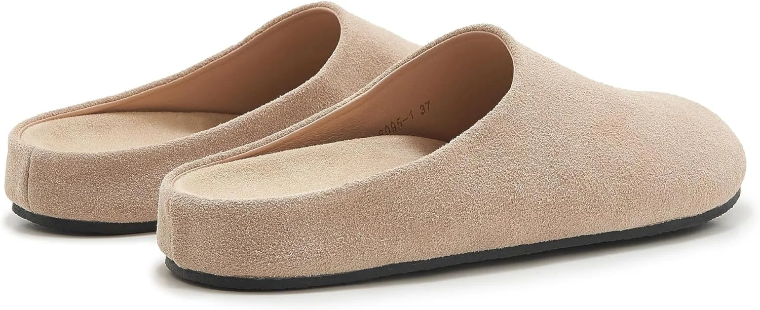 Women's Suede Clogs Round Toe Leather Mules Cork Footbed Clog with Arch Support Comfort Casual Slip-on Fall Shoes