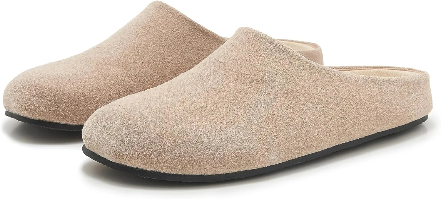 Women's Suede Clogs Round Toe Leather Mules Cork Footbed Clog with Arch Support Comfort Casual Slip-on Fall Shoes