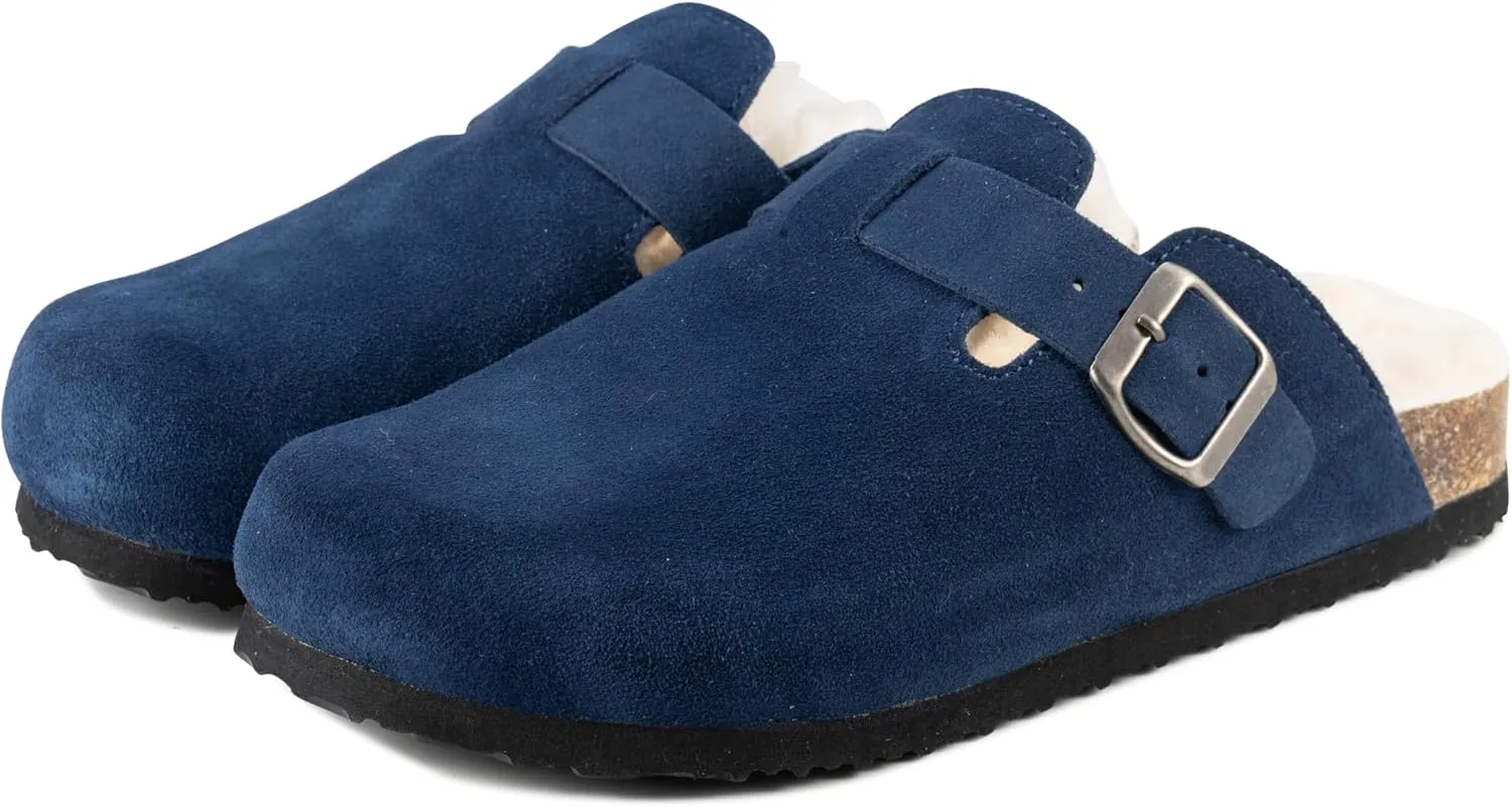 Women's Suede Clogs Slip-On Buckle Slides Leather Mules Cork Footbed Sandals Potato Shoes with Arch Support