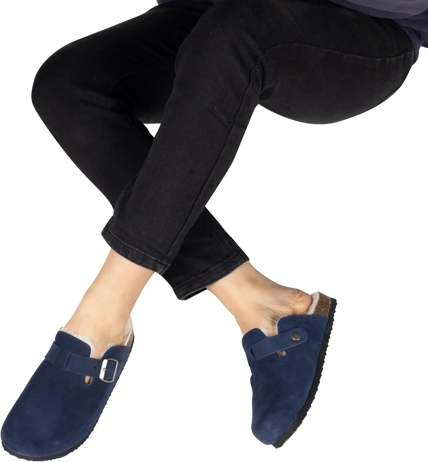 Women's Suede Clogs Slip-On Buckle Slides Leather Mules Cork Footbed Sandals Potato Shoes with Arch Support