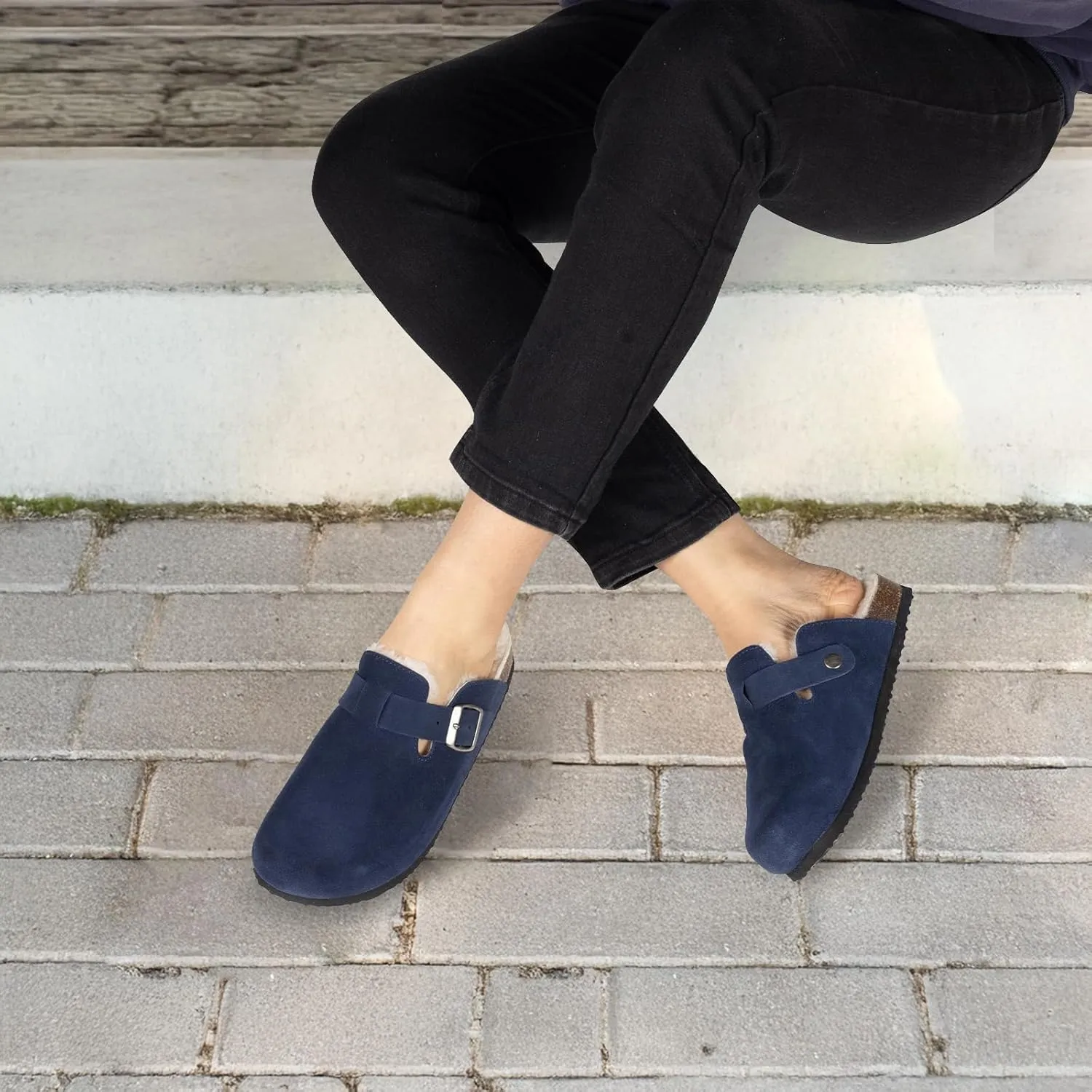 Women's Suede Clogs Slip-On Buckle Slides Leather Mules Cork Footbed Sandals Potato Shoes with Arch Support