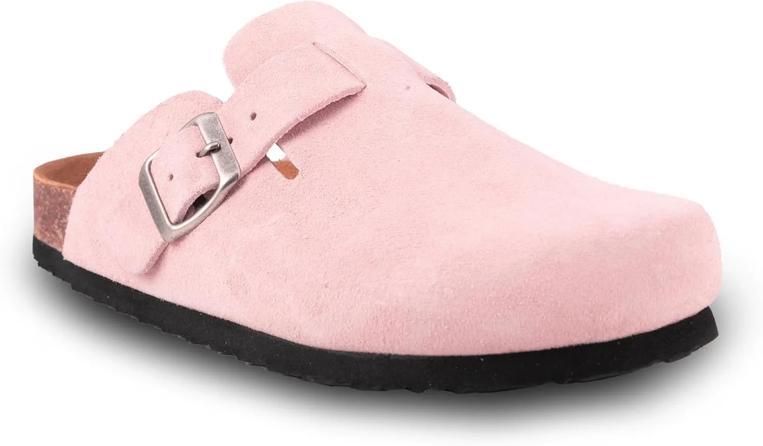 Women's Suede Clogs Slip-On Buckle Slides Leather Mules Cork Footbed Sandals Potato Shoes with Arch Support