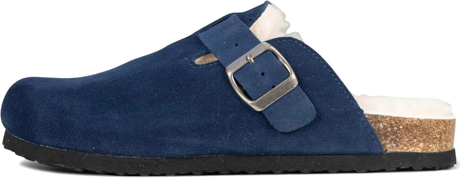 Women's Suede Clogs Slip-On Buckle Slides Leather Mules Cork Footbed Sandals Potato Shoes with Arch Support