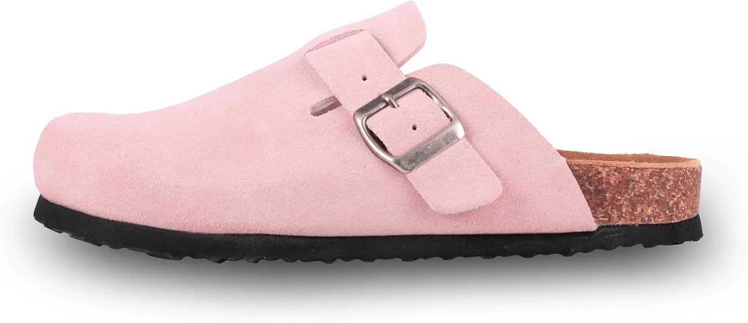 Women's Suede Clogs Slip-On Buckle Slides Leather Mules Cork Footbed Sandals Potato Shoes with Arch Support