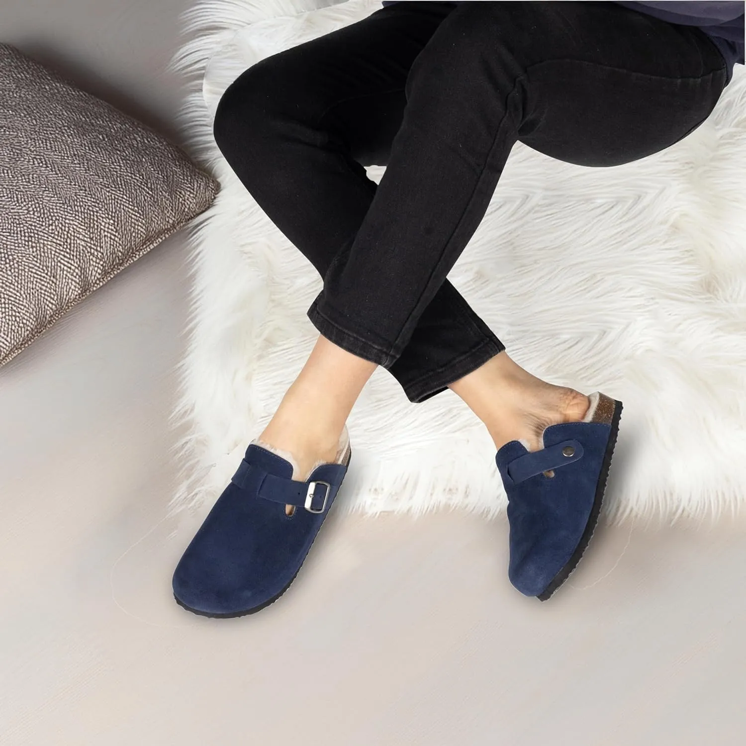 Women's Suede Clogs Slip-On Buckle Slides Leather Mules Cork Footbed Sandals Potato Shoes with Arch Support