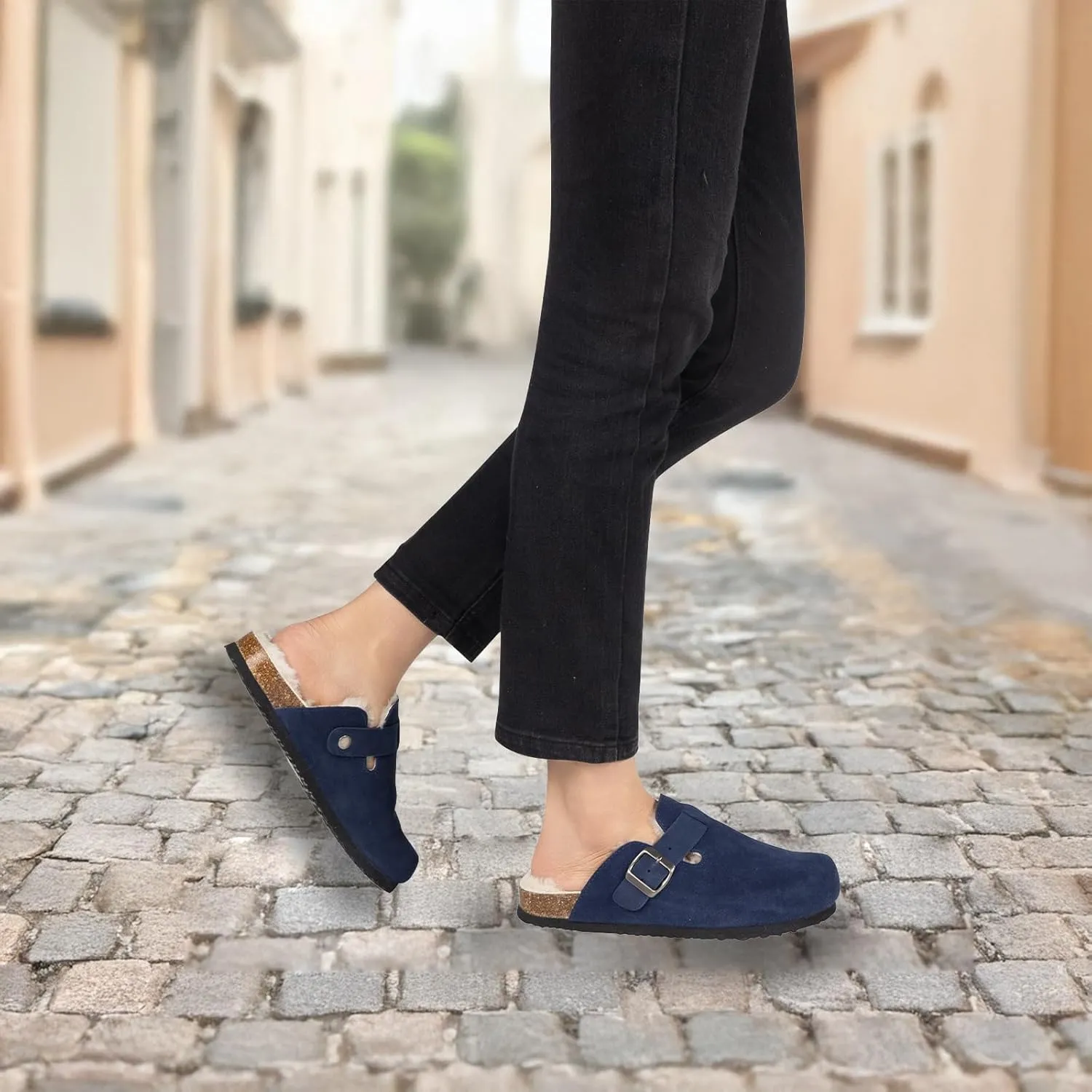 Women's Suede Clogs Slip-On Buckle Slides Leather Mules Cork Footbed Sandals Potato Shoes with Arch Support