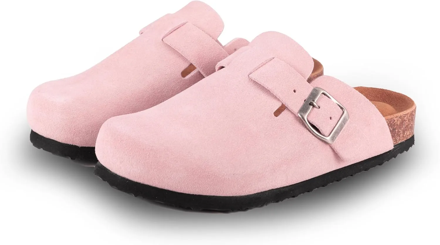 Women's Suede Clogs Slip-On Buckle Slides Leather Mules Cork Footbed Sandals Potato Shoes with Arch Support