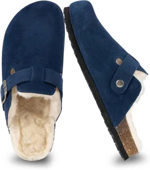 Women's Suede Clogs Slip-On Buckle Slides Leather Mules Cork Footbed Sandals Potato Shoes with Arch Support