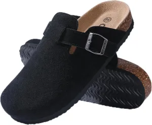 Women's Suede Clogs Soft Cork Footbed Leather Mules Comfort Potato Shoes with Arch Support, Black-39