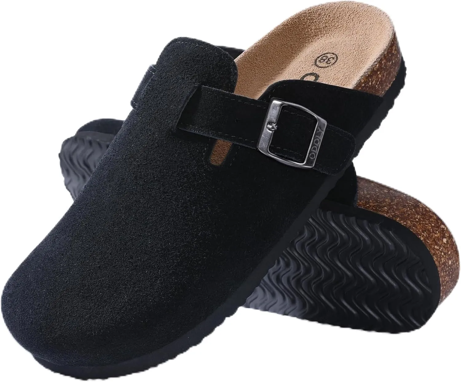 Women's Suede Clogs Soft Cork Footbed Leather Mules Comfort Potato Shoes with Arch Support, Black-39