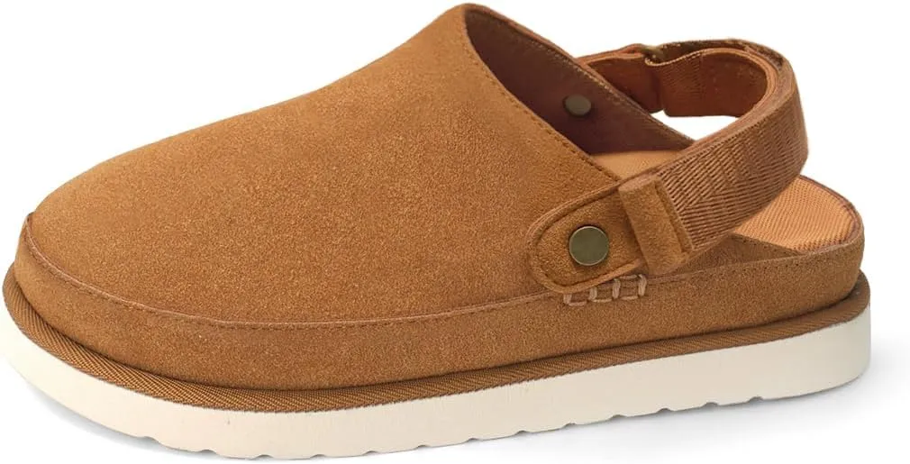 Women's Suede Platform Clogs with Strap Comfy Indoor Outdoor Mules Adjustable Goldenstar Clogs Slippers for Women
