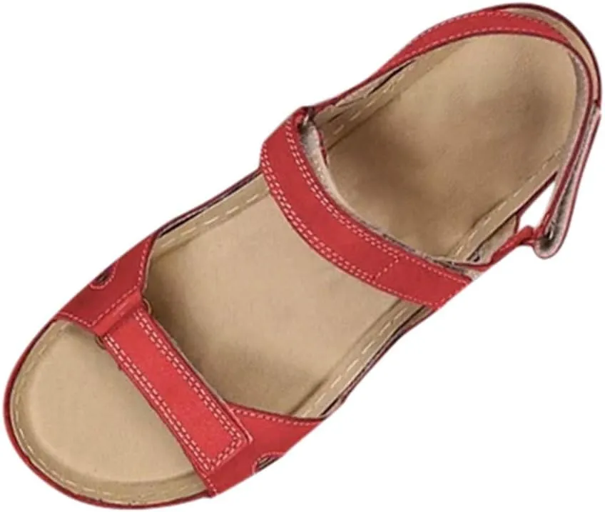 Womenyiaor Women's Red Orthopedic Arch Support Sandals, Size 9, Ankle Strap, Open Toe, Wedge Heel, Casual Flat Sandals