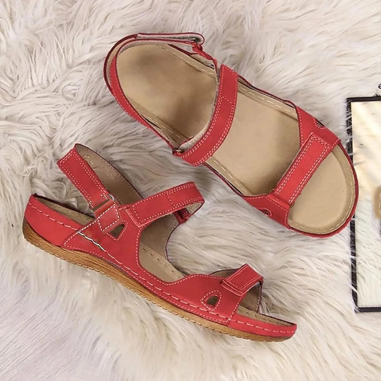 Womenyiaor Women's Red Orthopedic Arch Support Sandals, Size 9, Ankle Strap, Open Toe, Wedge Heel, Casual Flat Sandals