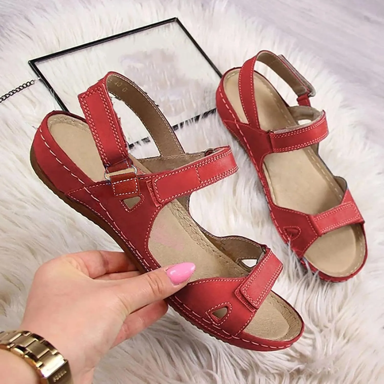 Womenyiaor Women's Red Orthopedic Arch Support Sandals, Size 9, Ankle Strap, Open Toe, Wedge Heel, Casual Flat Sandals