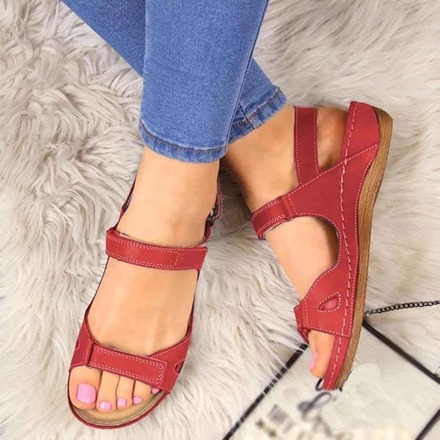 Womenyiaor Women's Red Orthopedic Arch Support Sandals, Size 9, Ankle Strap, Open Toe, Wedge Heel, Casual Flat Sandals