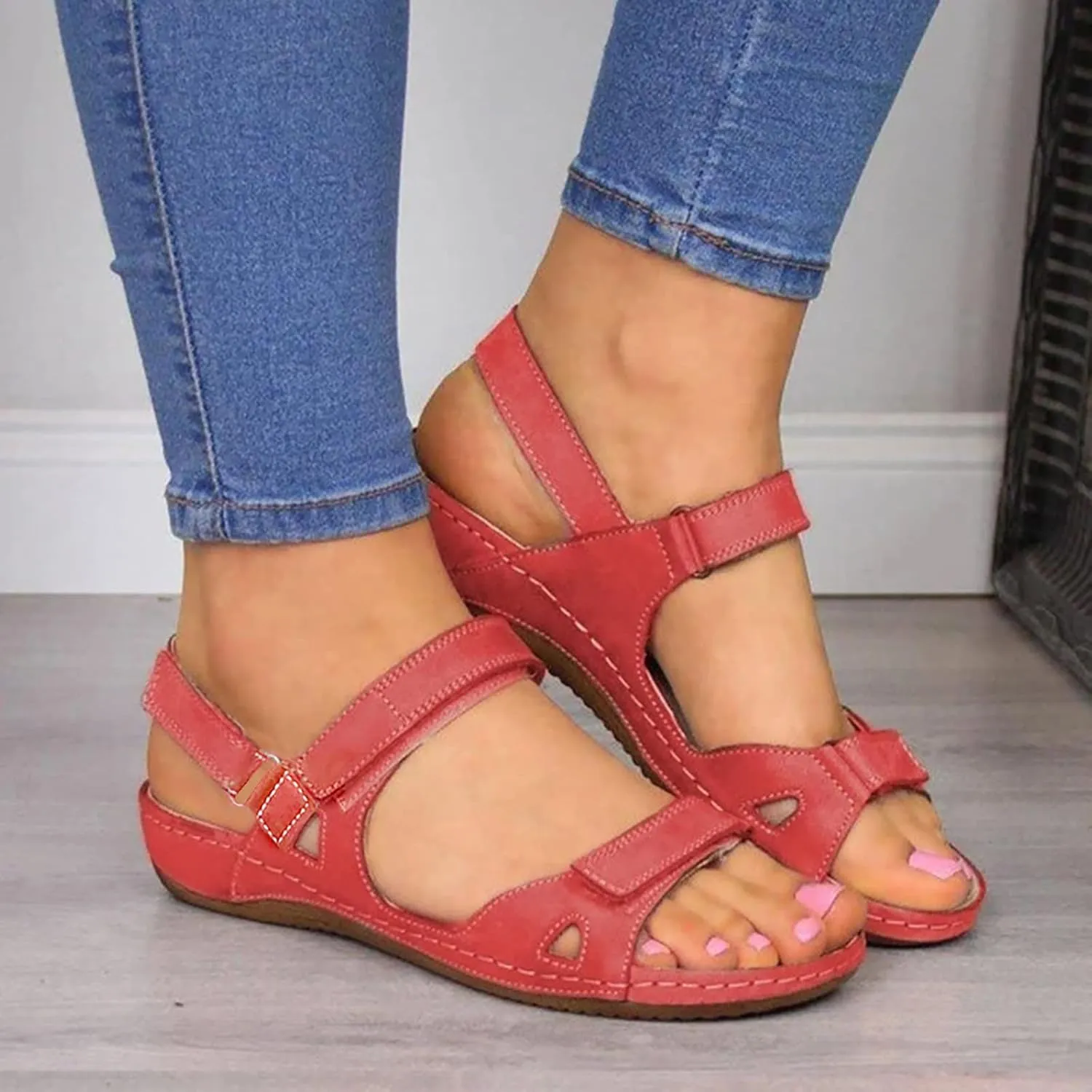 Womenyiaor Women's Red Orthopedic Arch Support Sandals, Size 9, Ankle Strap, Open Toe, Wedge Heel, Casual Flat Sandals