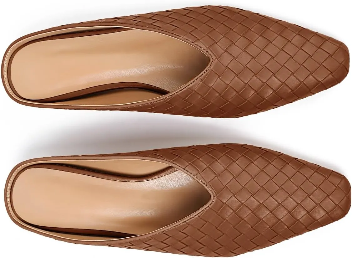 Woven Mules for Women Metallic Leather Slides Ladies Trendy Comfortable Square Toe Hidden Wedge Heels