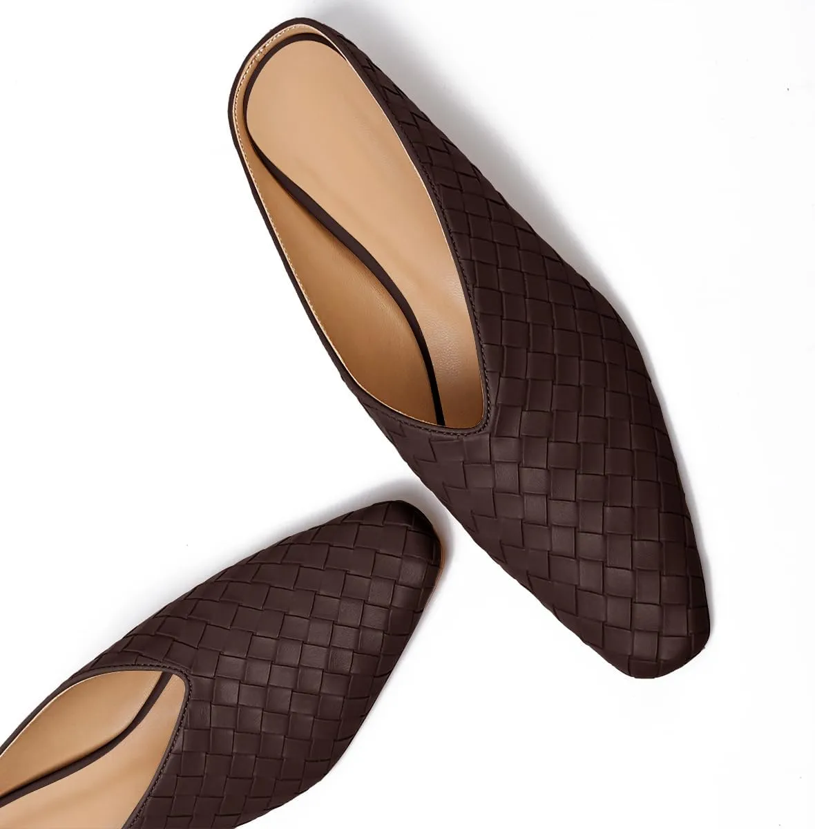 Woven Mules for Women Metallic Leather Slides Ladies Trendy Comfortable Square Toe Hidden Wedge Heels